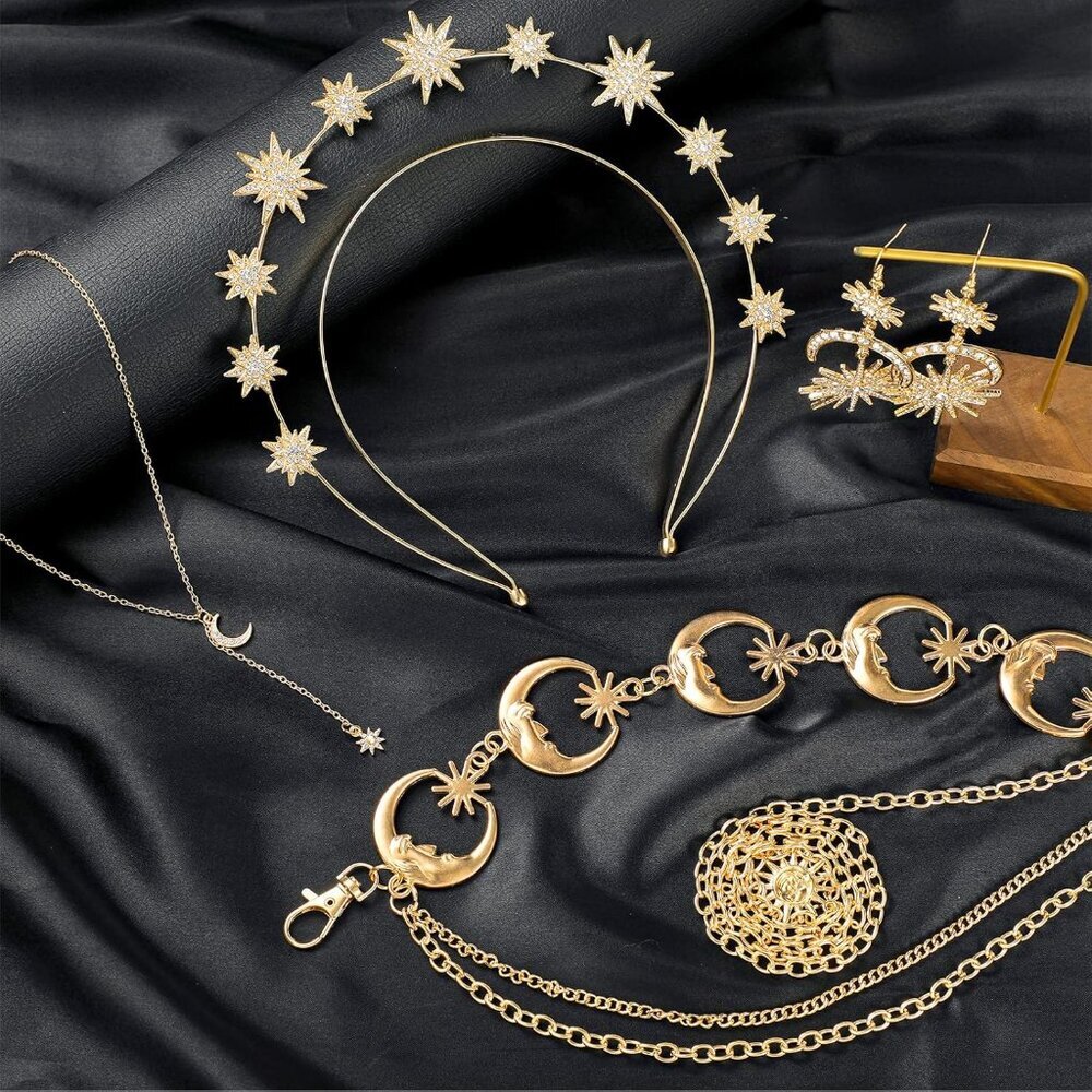 4 Pieces Halo Crown Moon Stars Necklaces and Body Chain Halo Tiaras Headband Hea - Picture 7 of 7